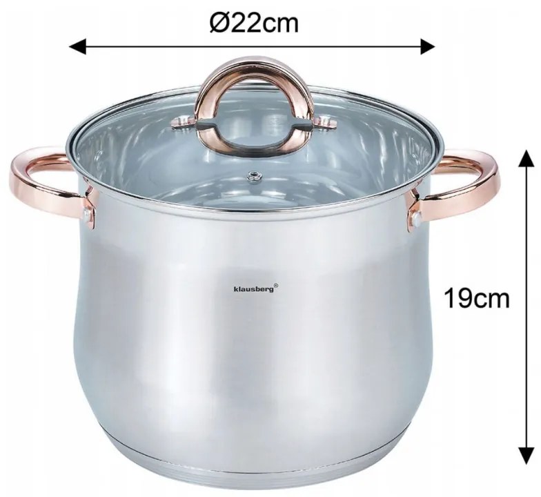 Oala Klausberg KB 7792, 7l, 22cm, Capac din sticla, Fund multistrat, Inductie, Inox/roz auriu