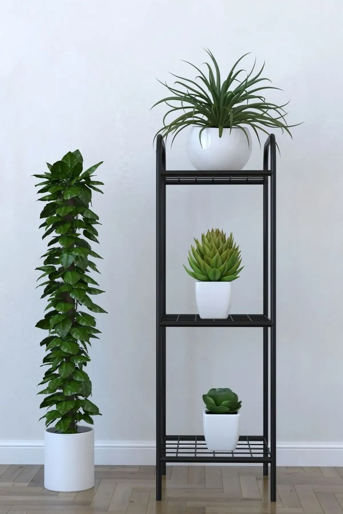 Etajera metal pentru flori 3 rafturi Decor Homs 33 x 100 x 31 cm, negru