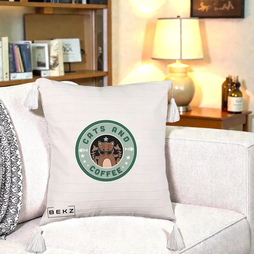 Perna Personalizata Cats and Coffee Starbucks, 40x40 cm, Bej cu Franjuri, Husa Detasabila, Perna Inclusa, BEKZ®