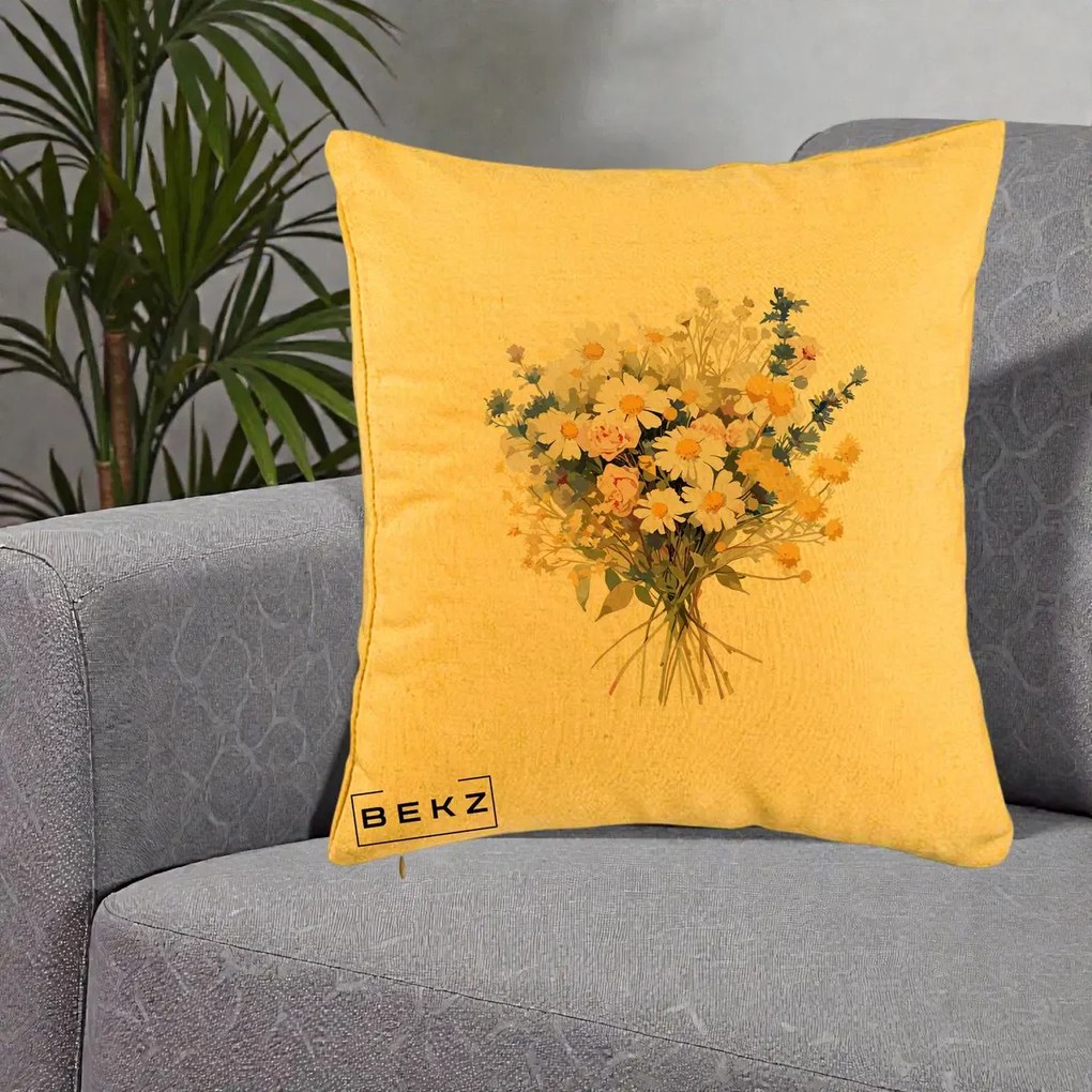 Perna Decorativa Buchet Camp Acuarela Margarete-Lavanda, 40x40 cm, Galben, Husa Detasabila, Perna Inclusa, BEKZ®