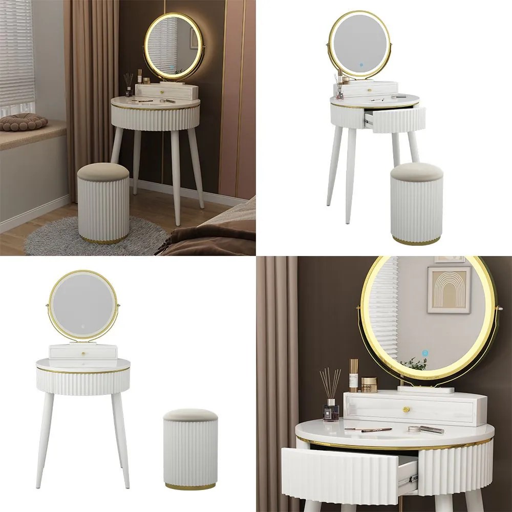 Masuta machiaj cu Oglinda LED si 1 Sertar pentru Cosmetice, Set Masa toaleta 60 cm, Alb, masuta vanity cu Riflaj, cosmetica - SEA459