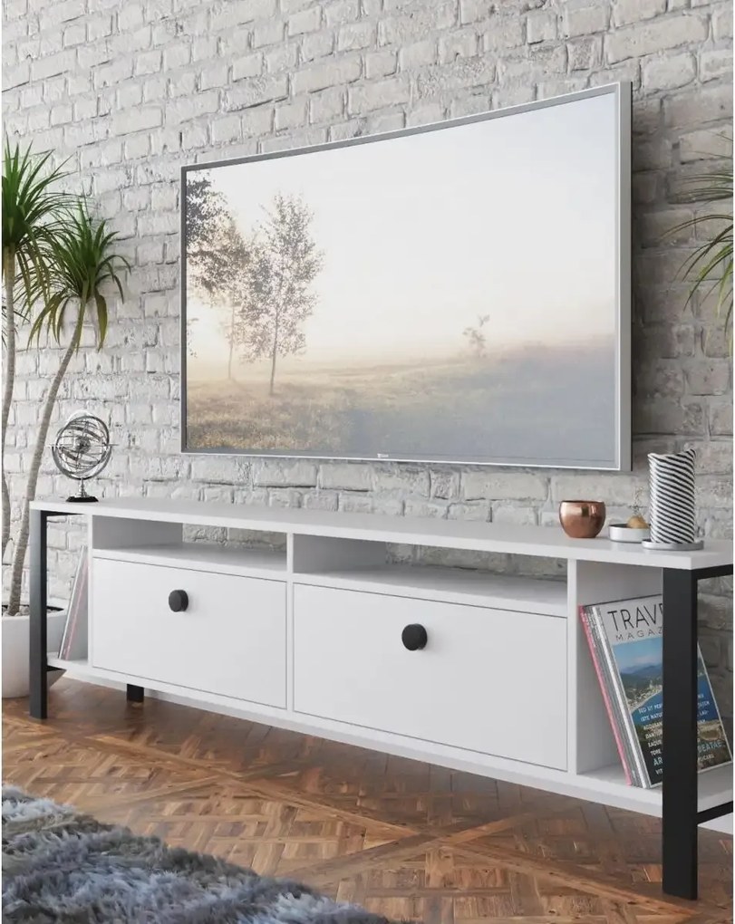 Comoda tv cu picioare metal Homs 150 cm, alb-negru,30402
