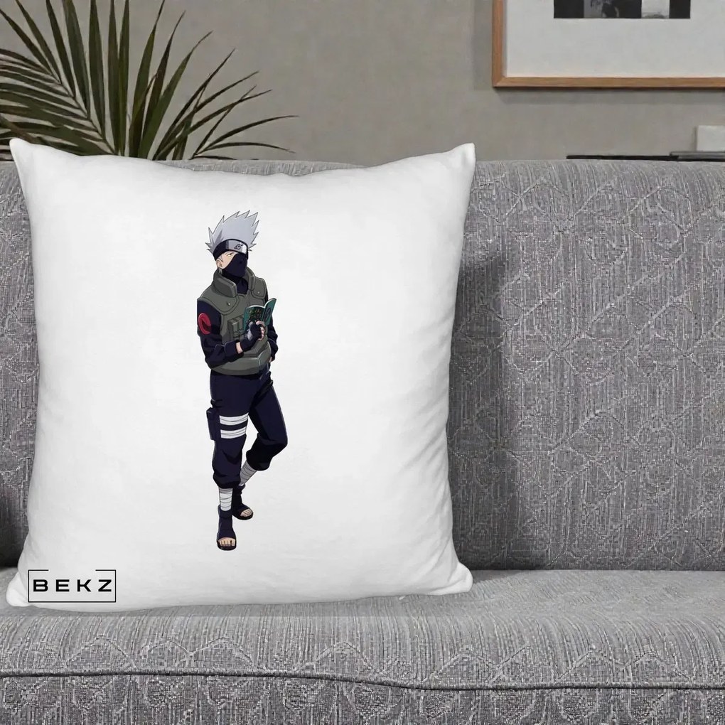 Perna Personalizata Naruto Kakashi Hatake Portret Complet, 40x40 cm, Alb Pufos, Husa Detasabila, Perna Inclusa, BEKZ®