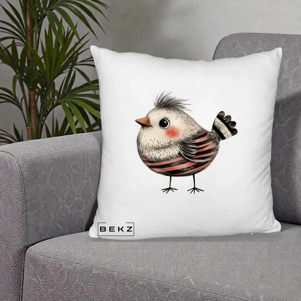 Perna Decorativa Pui Expresiv Dungi Negru-Rosu, 40x40 cm, Alb Pufos, Husa Detasabila, Perna Inclusa, BEKZ®