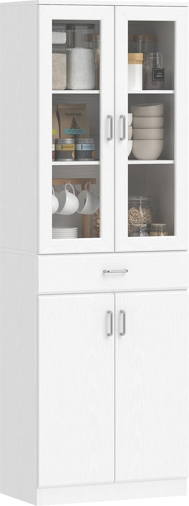 HOMCOM Bufet înalt pentru bucătărie, dulap de bucătărie, 4 uși dintre care 2 din sticlă, sertare, etajere reglabile, 60x35x180cm, alb | Aosom Romania