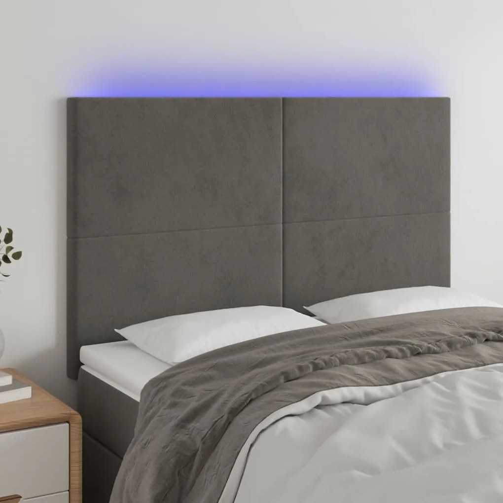 vidaXL Tăblie de pat cu LED, gri închis, 144x5x118/128 cm, catifea