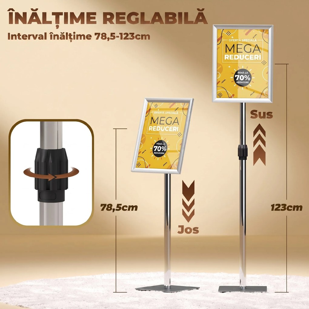 HOMCOM Suport Poster A3, Expozitor Publicitar de Podea cu Înălțime și Înclinare Reglabile, 40x30x129-135 cm, Argintiu | Aosom Romania