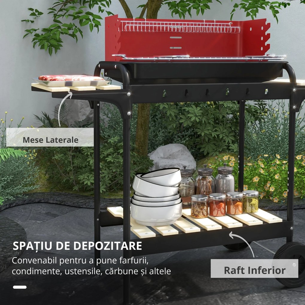 Outsunny Grătar cu Cărbuni, Roți si Grilaj cu Înălțime Reglabilă, 3 Rafturi și Tavă pentru Cenușă, 103x47x95 cm, Roșu | Aosom Romania
