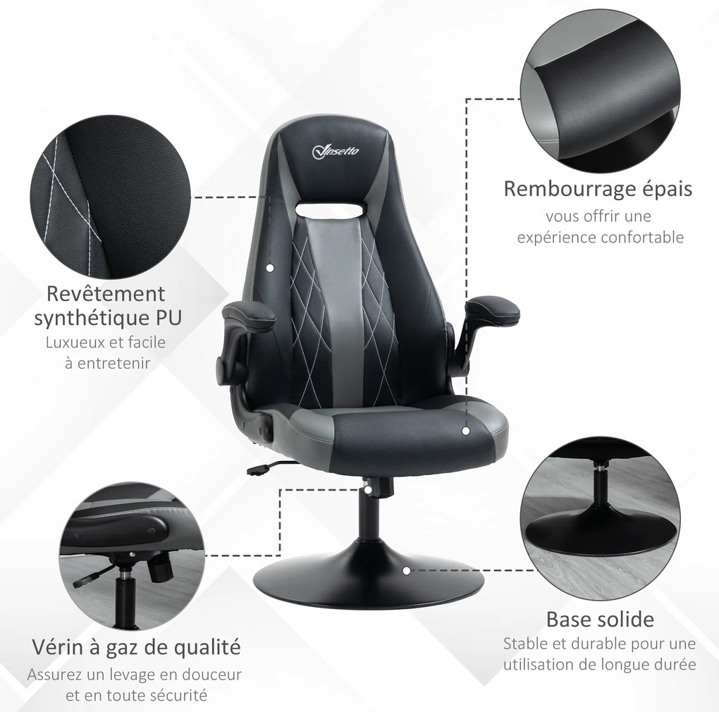 Vinsetto Scaun de gaming ergonomic cu bază rotundă din metal pivotantă 360° înălțime reglabilă pernă pentru gât brațe rabatabile PVC gri negru | Aosom Romania