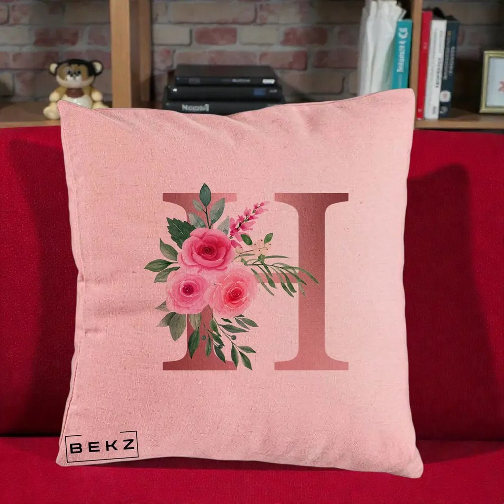 Cadou Personalizat - Perna Personalizata Monograma Rose Gold Litera H, 40x40 cm, Roz, Husa Detasabila, Perna Inclusa, BEKZ®