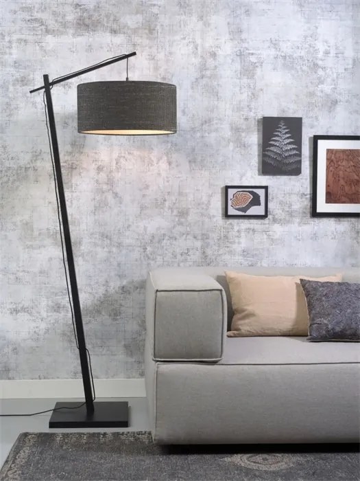 Lampadar din bambus si abajur din tesatura in, Andes negru/ gri inchis