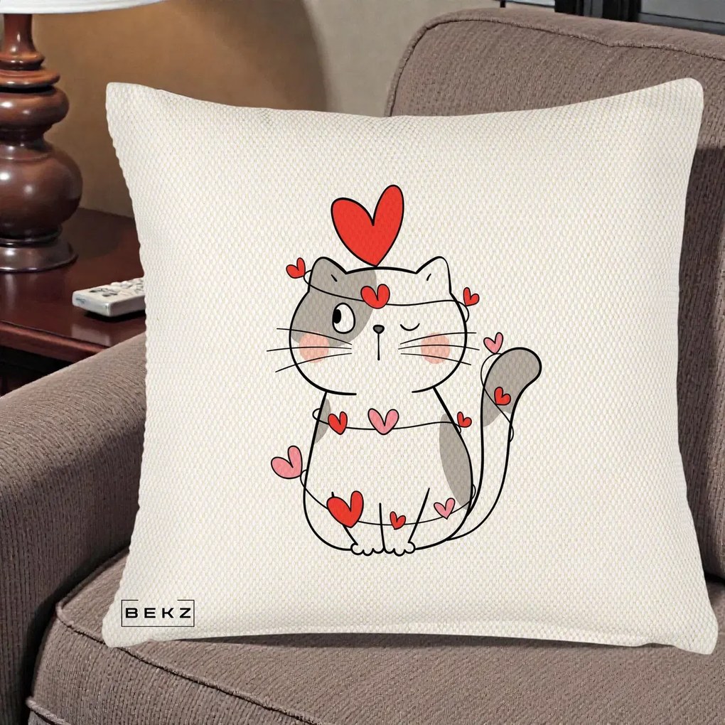 Perna Decorativa Pisica Kawaii cu Inimi, 40x40 cm, Crem Reliefat, Husa Detasabila, Perna Inclusa, BEKZ®