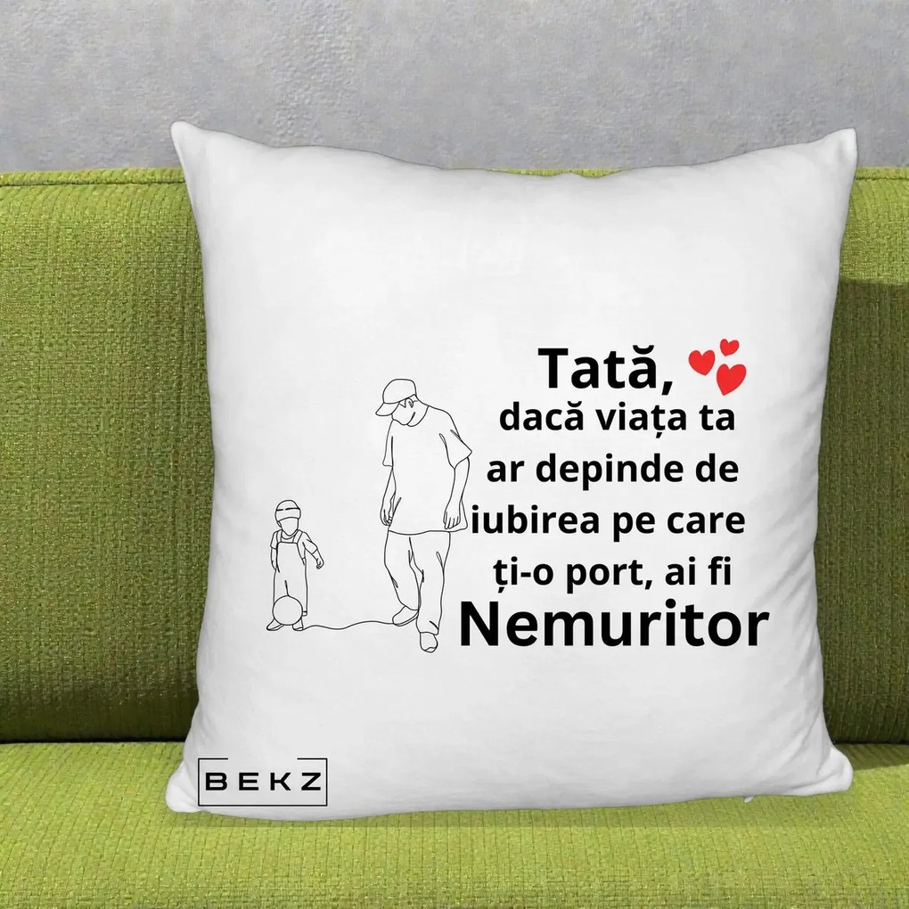 Cadou pentru Tata - Perna Personalizata Tata Nemuritor Joaca cu Mingea, 40x40 cm, Alb Pufos, Husa Detasabila, Perna Inclusa, BEKZ®