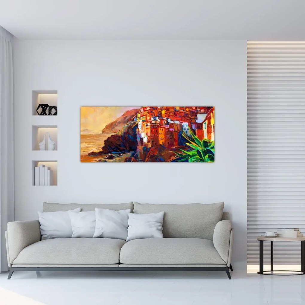 Tablou - Satul de coastă Cinque Terre, Riviera italiană, impresionismul modern (120x50 cm)
