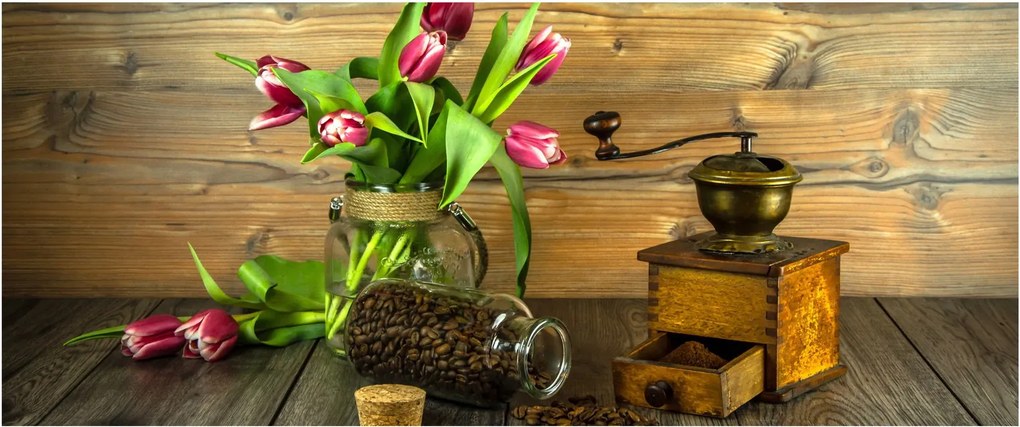 Tablou - lalele, râșniță și cafea (120x50 cm)