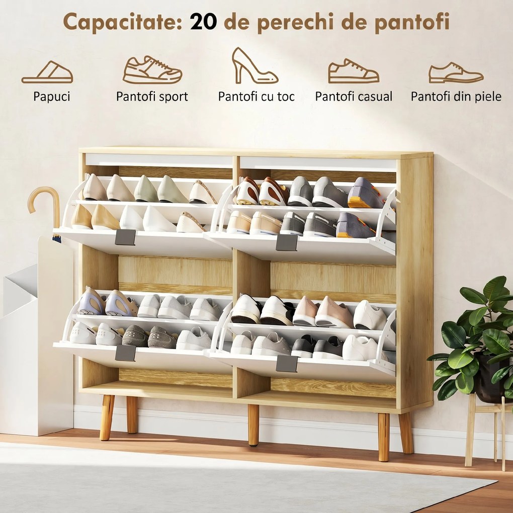 HOMCOM Dulap de pantofi subțire modern cu 4 sertare rabatabile pentru 20 de perechi de pantofi, Alb | Aosom Romania