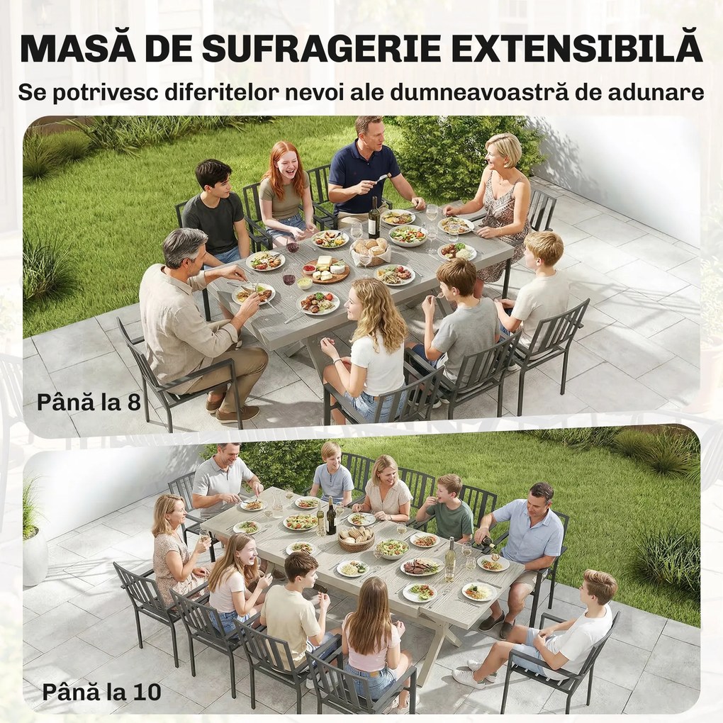 Outsunny Masă Extensibilă de Grădină pentru 8-10 Persoane, din Aluminiu și Oțel, 154/214x85x73 cm, Gri | Aosom Romania