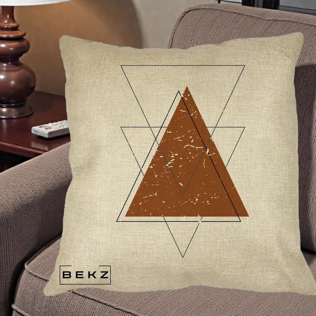 Perna Decorativa Geometric Triunghiuri Sacred, 40x40 cm, Crem, Husa Detasabila, Perna Inclusa, BEKZ®
