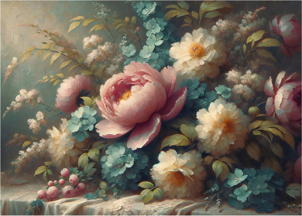 Tablou pe sticlă - Natură moartă cu flori - pictură (70x50 cm)