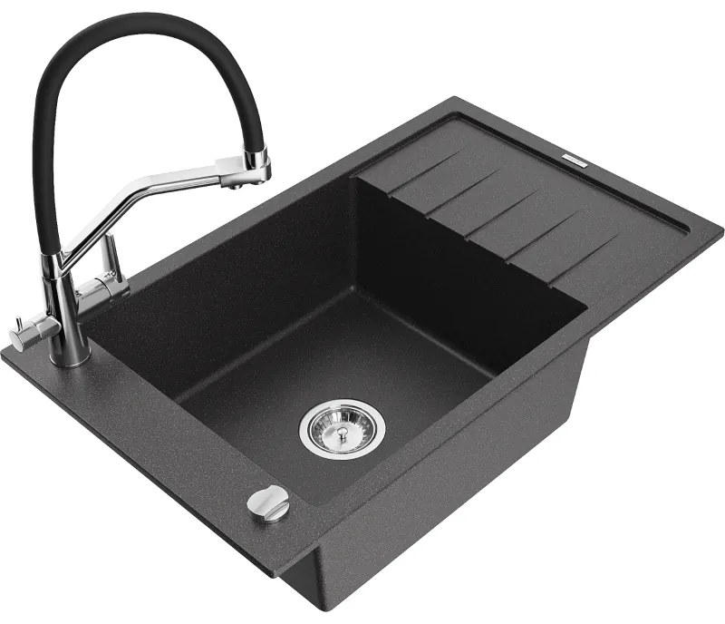 Mexen Elias chiuvetă de granit cu 1 compartiment cu scurgător și baterie de bucătărie Duo, negru pestriț - 6511-76-671701-07