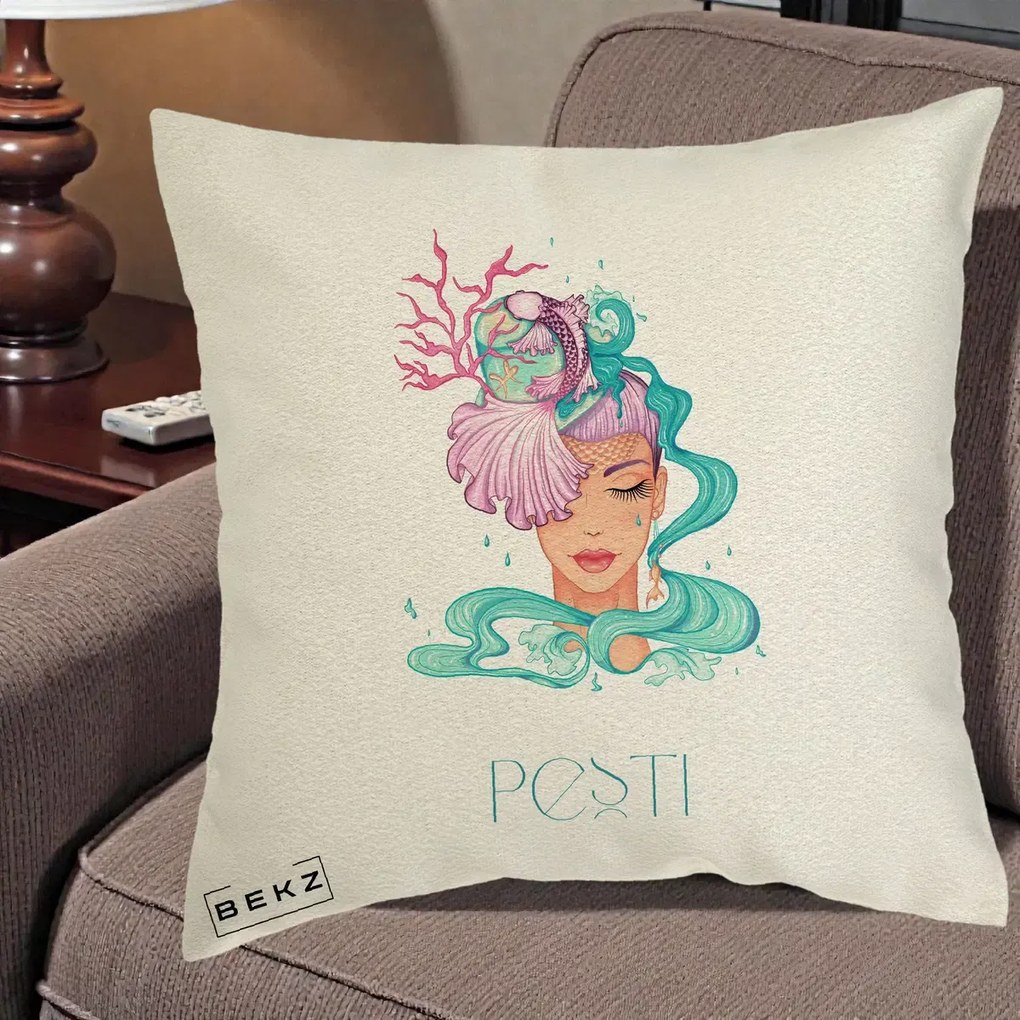 Perna Personalizata Zodiac Pesti Cowgirl, 40x40 cm, Ecru, Husa Detasabila, Perna Inclusa, BEKZ®