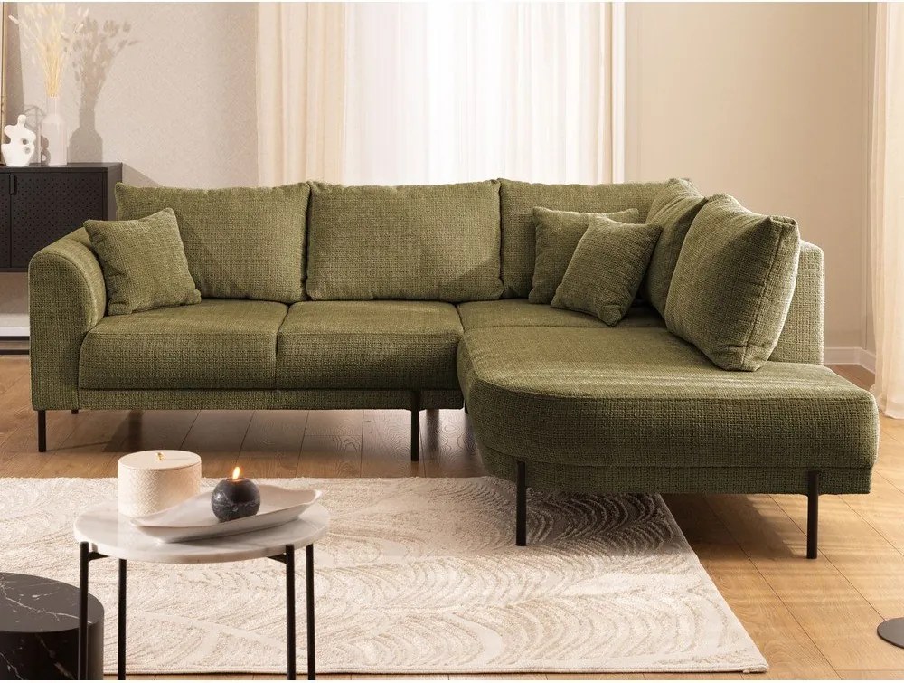 Colțar verde cu tapițerie din chenille (cu colț pe partea dreaptă/în formă de ”L”) Mauris – Ropez