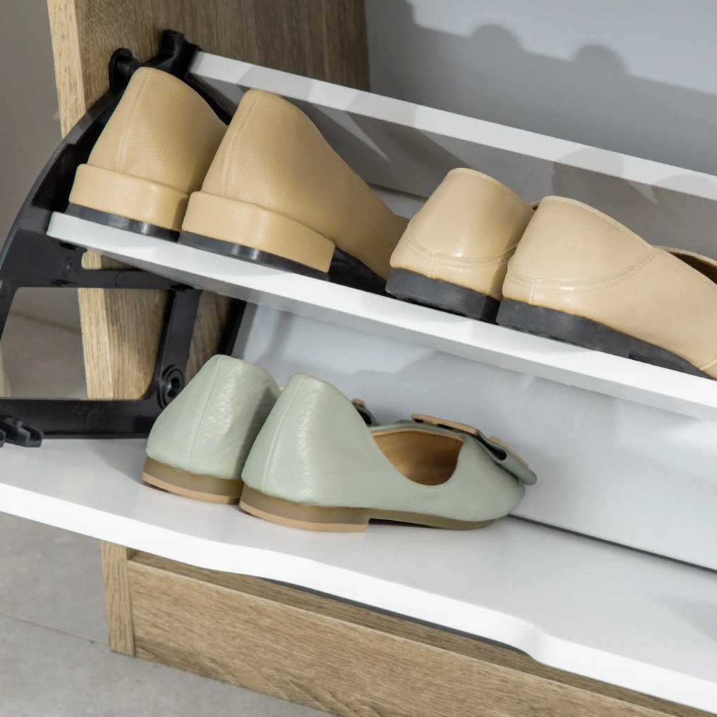 HOMCOM Dulap pantofi cu 2 Sertare Rabatabile, 8 Perechi, cu un Dispozitiv Anti-Răsturnare, Design Compact, 62,5x26x81 cm, Natural | Aosom Romania