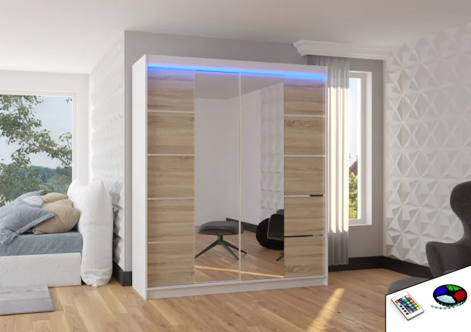 Dulap cu usi glisante si oglinda + iluminare LED, Traves 180 + LED, 180 cmx200 cmx58 cm, ADRK Furniture (Culoare: Alb)