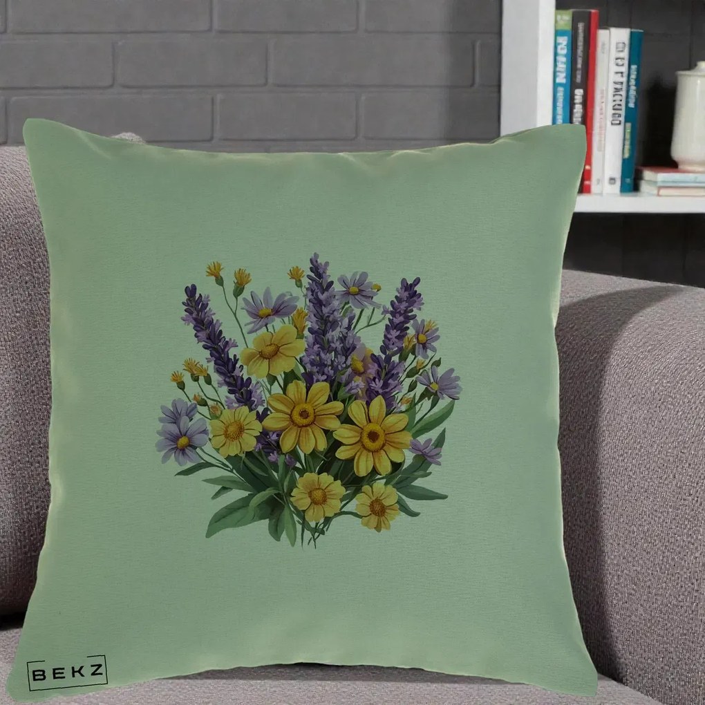 Perna Decorativa Lavanda cu Margarete Galbene si Lila, 40x40 cm, Verde, Husa Detasabila, Perna Inclusa, BEKZ®