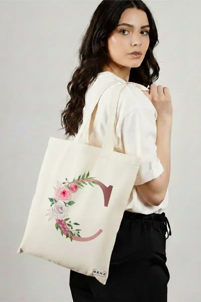 Sacosa de Panza pentru Cumparaturi, Geanta Tote, Cu litera C Rose Gold si Trandafiri, 38x34.5 cm, Alba, BEKZ®