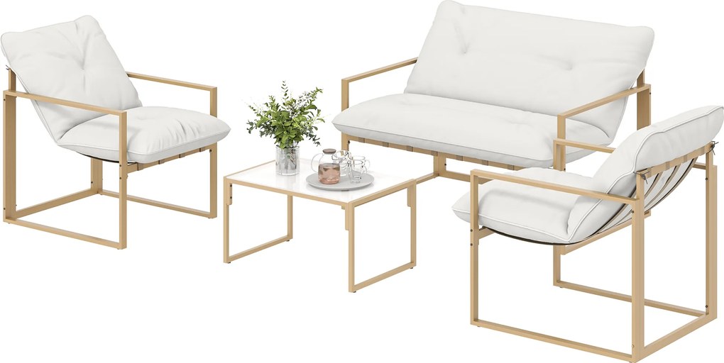 Set mobilier pentru grădină 4 piese Outsunny, set pentru terasă cu masă cu blat din sticlă securizată, canapea, 2 fotolii, Alb | Aosom Romania