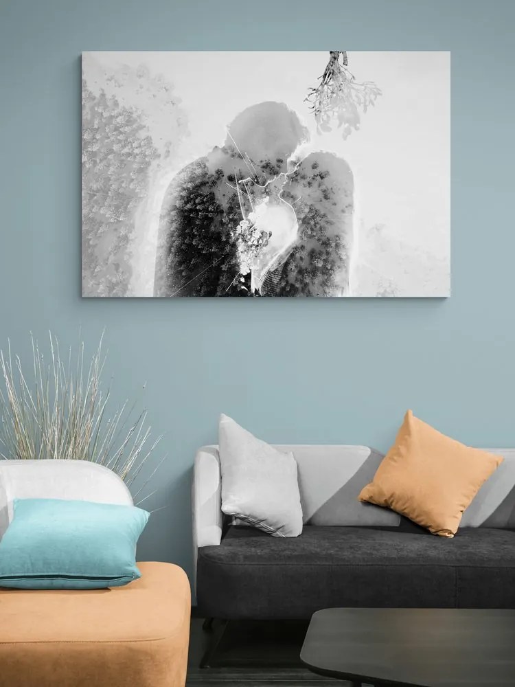 Tablou cuplu îndrăgostit sub vâsc în design alb-negru