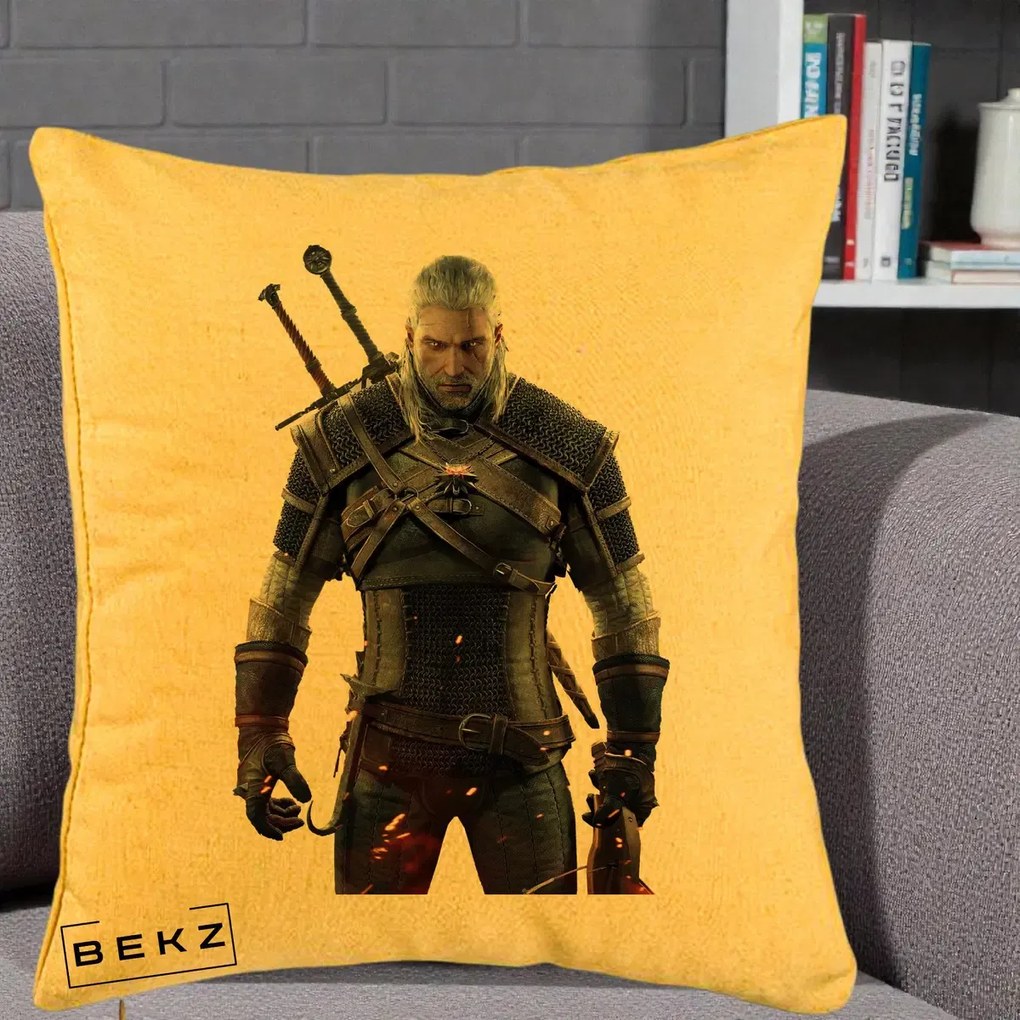 Perna Personalizata The Witcher Geralt of Rivia Portret, 40x40 cm, Galben, Husa Detasabila, Perna Inclusa, BEKZ®