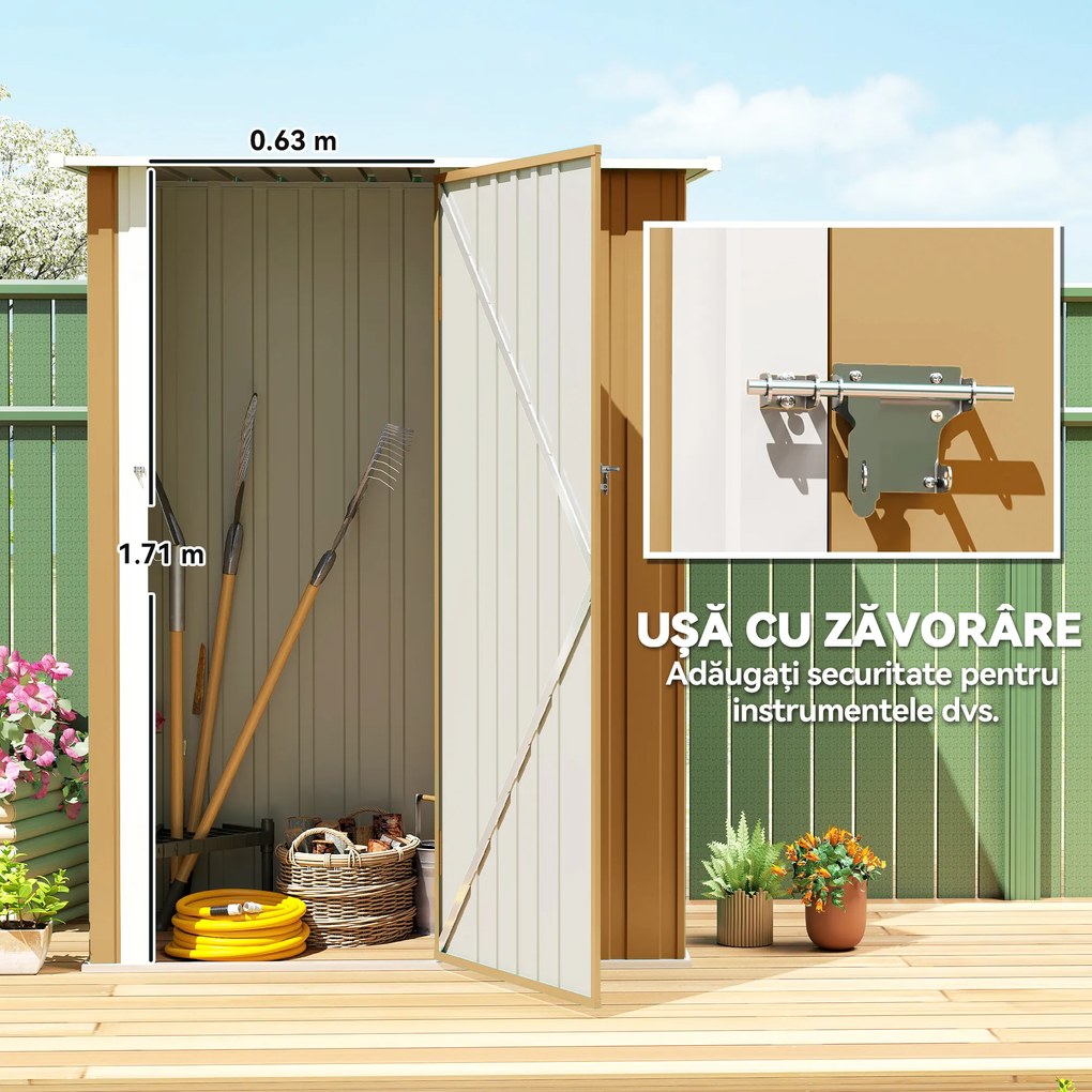 Outsunny Căsuță de Grădină 1.07m² din Oțel Zincat, Căsuță pentru Unelte cu Ușă Blocabilă, Acoperiș Înclinat, 142x86x189 cm, Galben | Aosom Romania