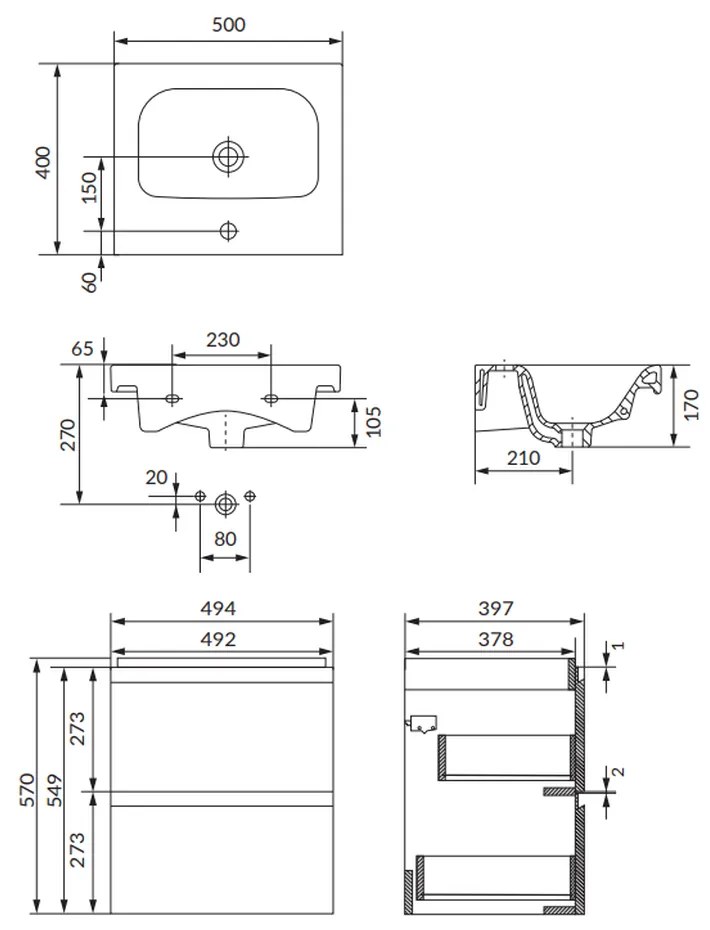 Set dulap baie suspendat 2 sertare cu lavoar Cersanit Moduo inclus, 50 cm, antracit mat, B816