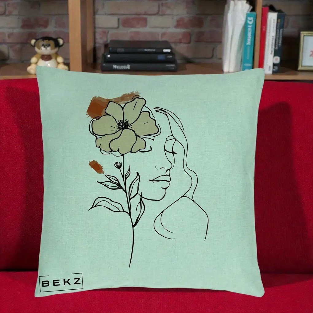 Perna Decorativa Portret Feminin Floare Bej Terracotta, 40x40 cm, Verde Menta, Husa Detasabila, Perna Inclusa, BEKZ®