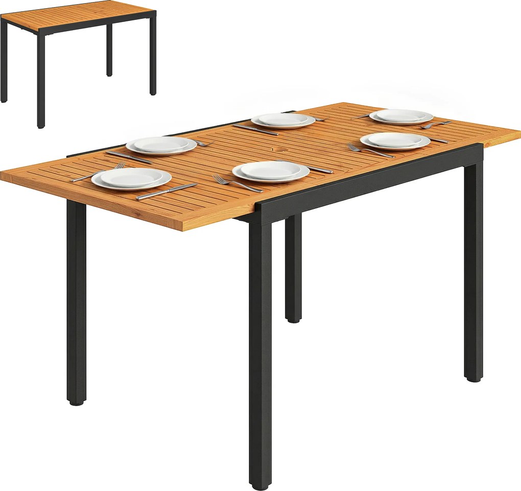Outsunny Masă de Grădină Extensibilă 100/150x70 cm din Lemn și Metal cu Orificiu pentru Umbrelă pentru 4-6 Persoane Teak | Aosom Romania