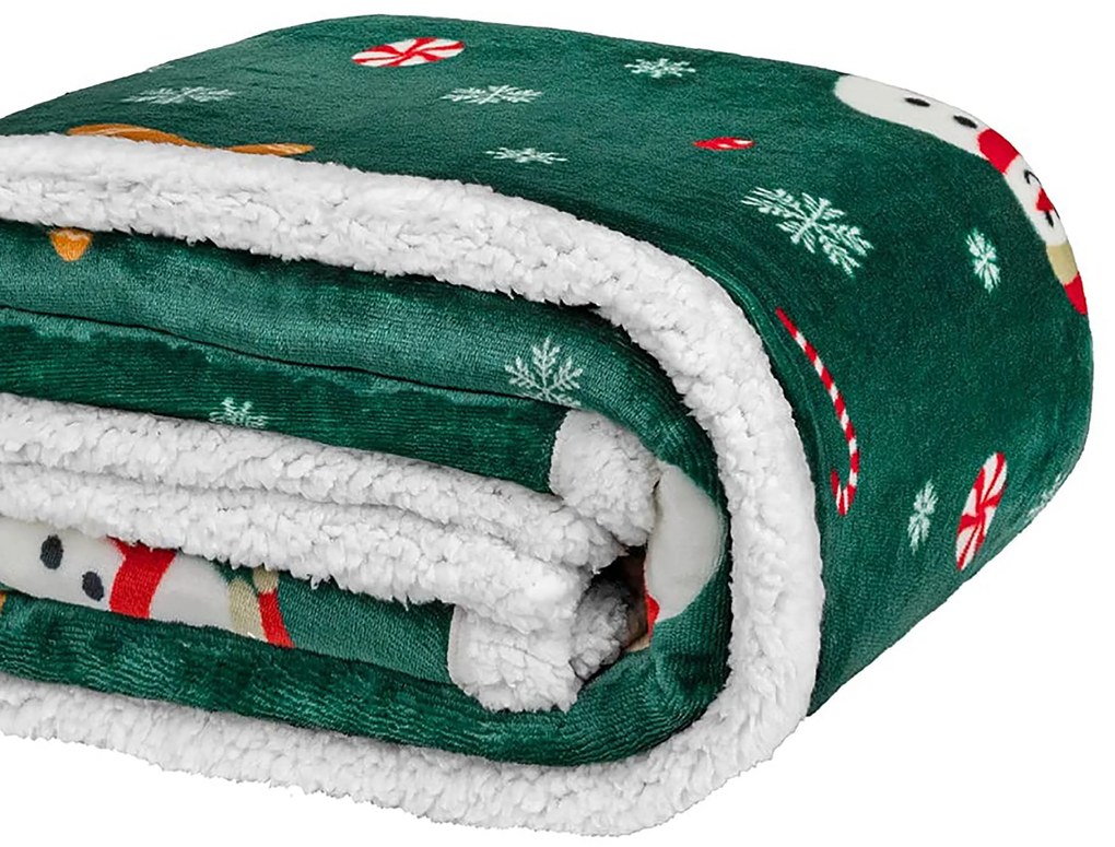 Patura miel de Craciun din microplus SNOWMAN AND GINGERBREAD verde inchis Dimensiuni: 200 x 220 cm