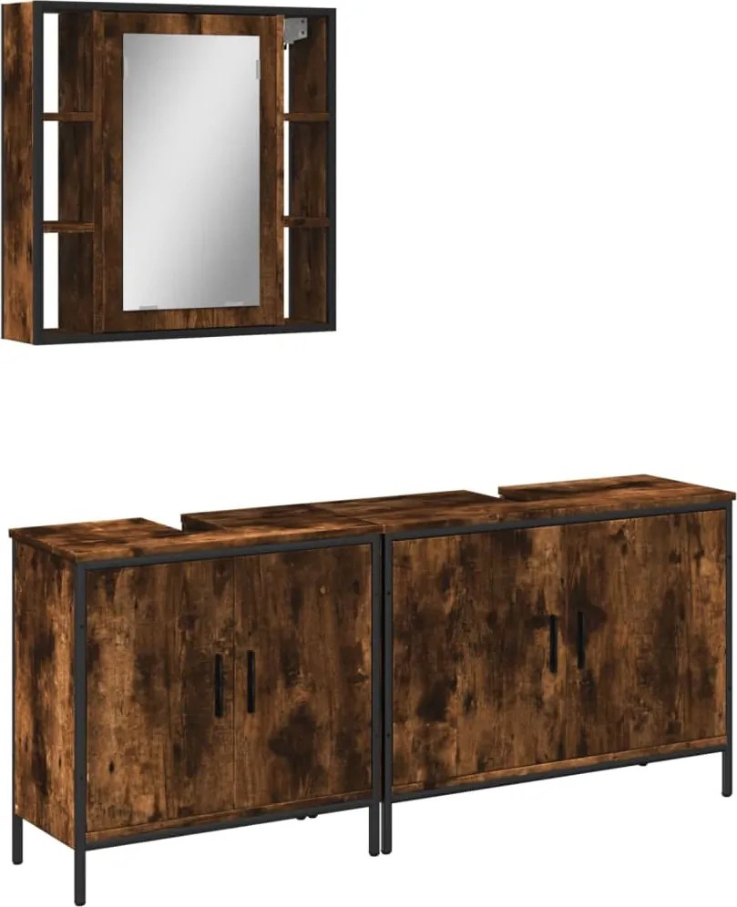 vidaXL Set dulapuri de baie, 3 piese, stejar afumat, lemn prelucrat