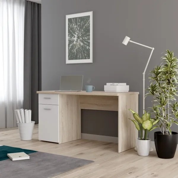 Birou de scris GINO, alb/stejar Sonoma