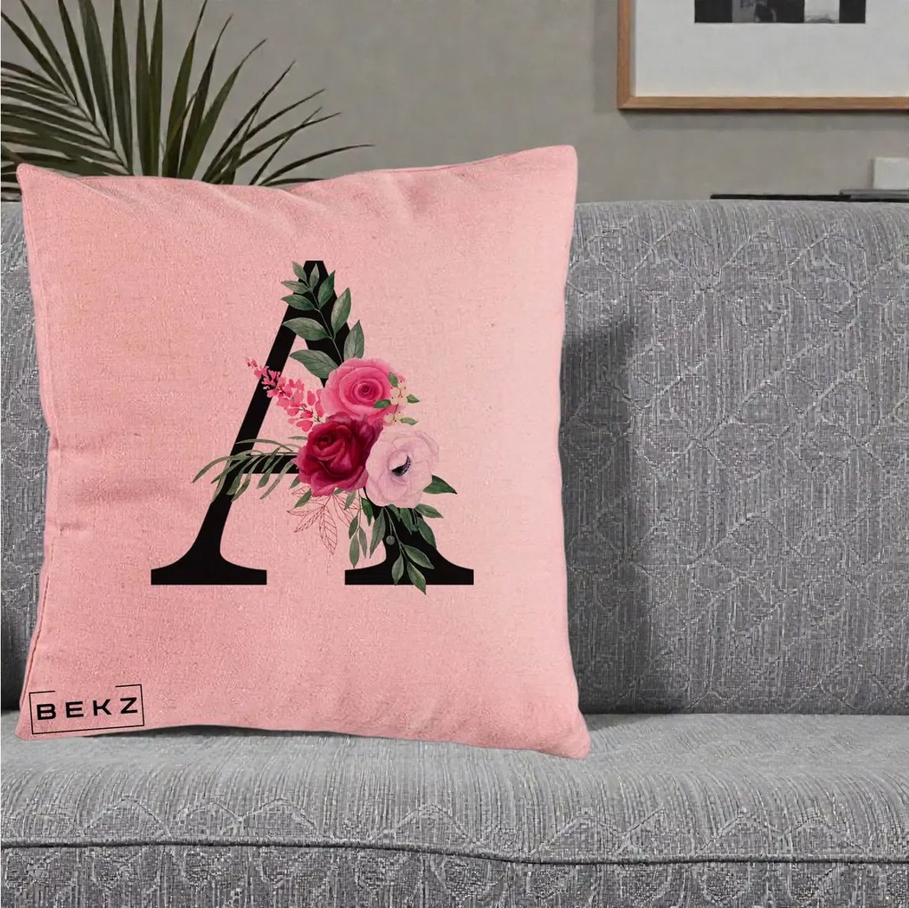 Cadou Personalizat - Perna Personalizata Monograma Florala Litera A, 40x40 cm, Roz, Husa Detasabila, Perna Inclusa, BEKZ®