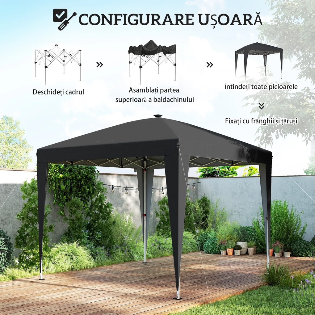 Outsunny Gazebo 3x3 m Pliabil Pop Up cu Înălțime Reglabilă, UV50+, Gazebo de Grădină cu Lumină Centrală și USB, Telecomandă, Geantă de Transport, pentru Exterior, Camping, Petreceri, Negru | Aosom Romania