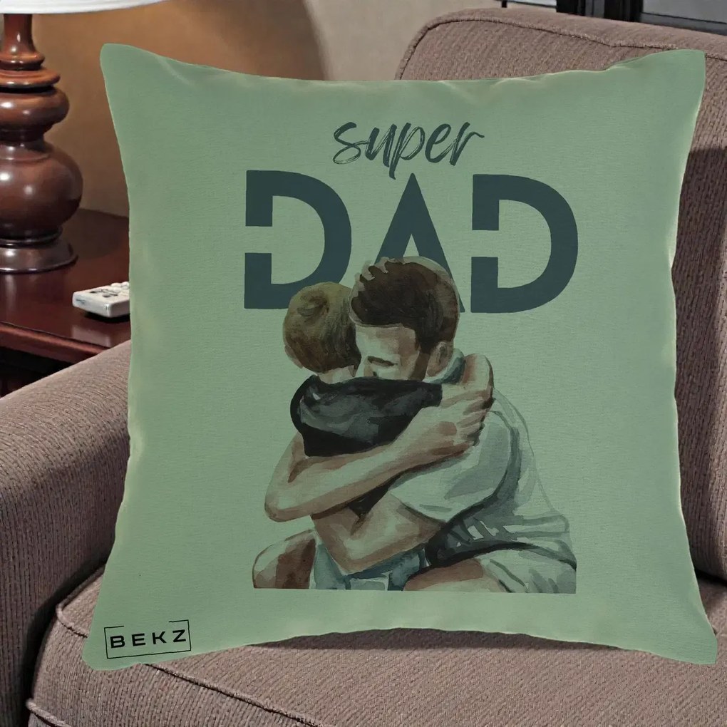 Cadou pentru Tata - Perna Personalizata Super Dad Tata si Fiu Imbratisare, 40x40 cm, Verde, Husa Detasabila, Perna Inclusa, BEKZ®