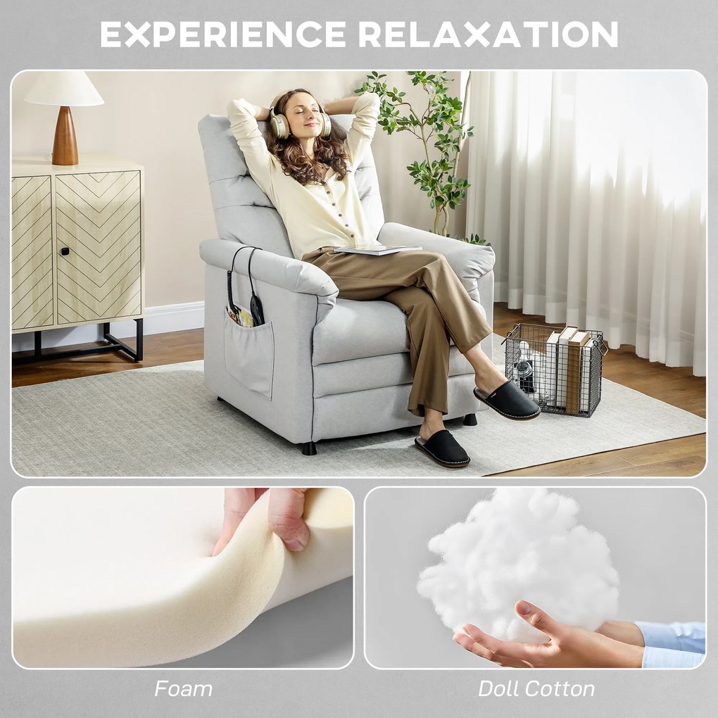 HOMCOM Fotoliu Relaxant Electric cu Masaj și Încălzire și Suport pentru Picioare, Silențios, Fotoliu Reclinabil 150° în Catifea Prietenoasă cu Animalele cu Funcție de Memorare, 2 Telecomenzi pentru Sufragerie, Gri Deschis | Aosom Romania
