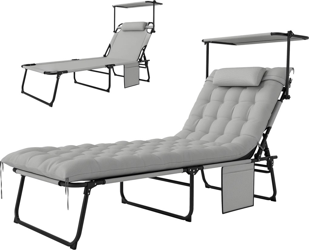 Outsunny Șezlong pliabil cu copertină și saltea, șezlong cu spătar reglabil în 4 poziții, gri deschis | Aosom Romania