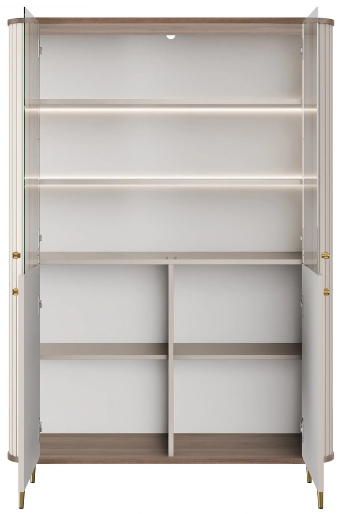 Vitrină Vesper 103 cm cu 4 uși - cașmir / nuc / picioare aurii