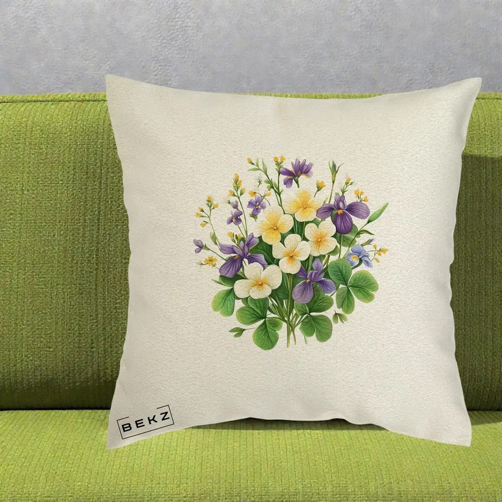 Perna Decorativa Viorele Iris Violet si Trifoi, 40x40 cm, Ecru, Husa Detasabila, Perna Inclusa, BEKZ®