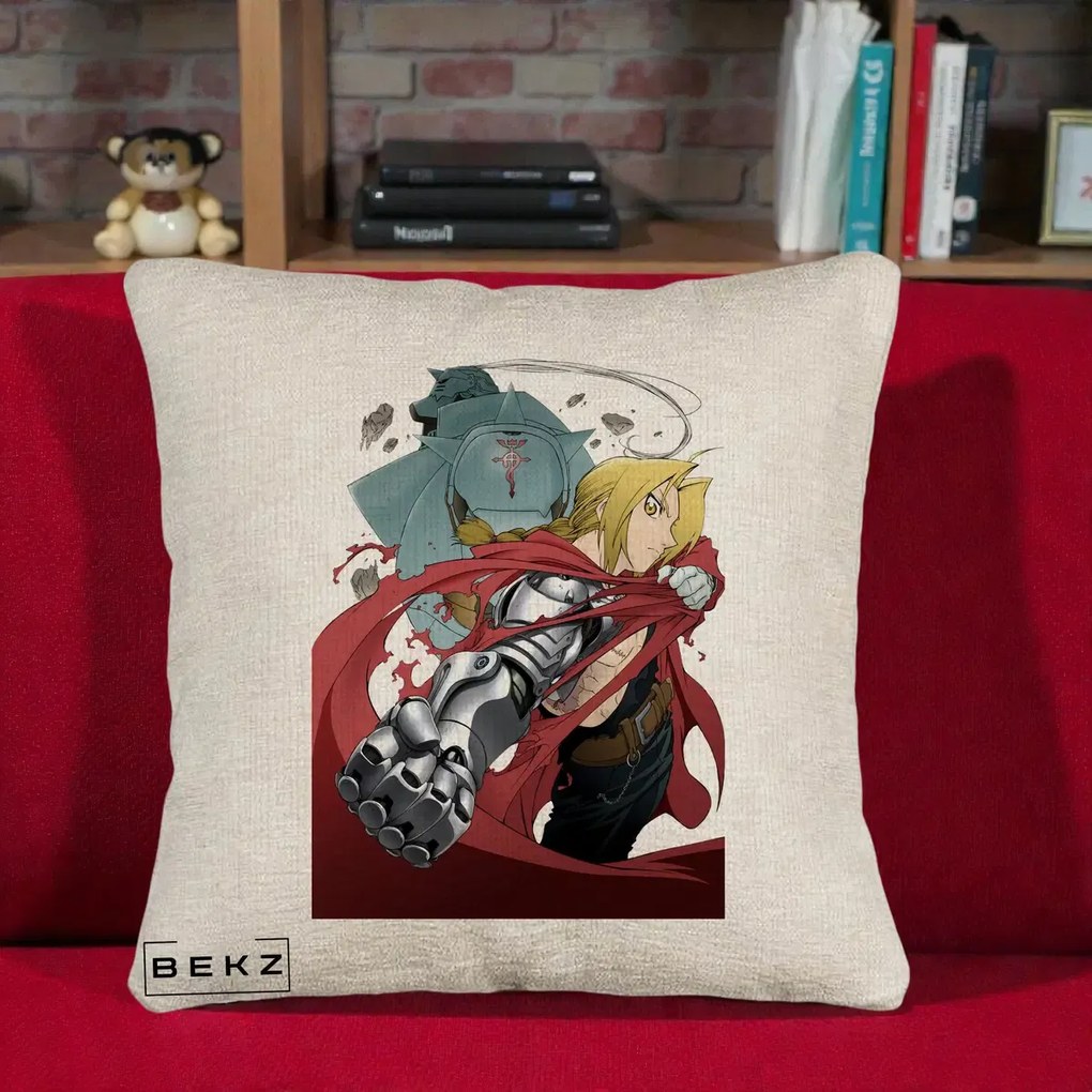 Perna Personalizata Fullmetal Alchemist Brotherhood Edward si Al Poster, 40x40 cm, Bej Canapea, Husa Detasabila, Perna Inclusa, BEKZ®