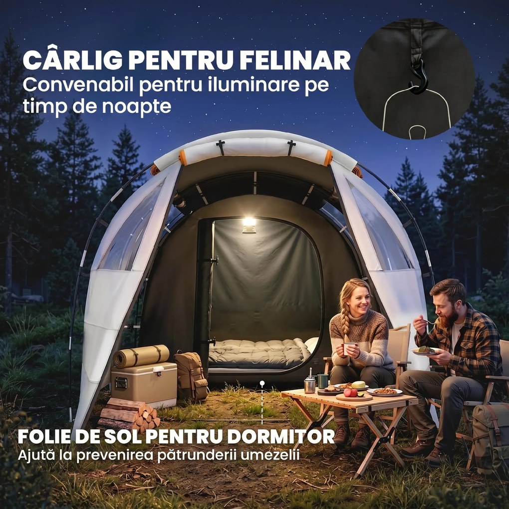 Outsunny Cort de Camping pentru 4-5 Persoane cu Capac Blackout, Cort Tunel Impermeabil cu Geantă de Transport, 460x230x180 cm, Kaki | Aosom Romania