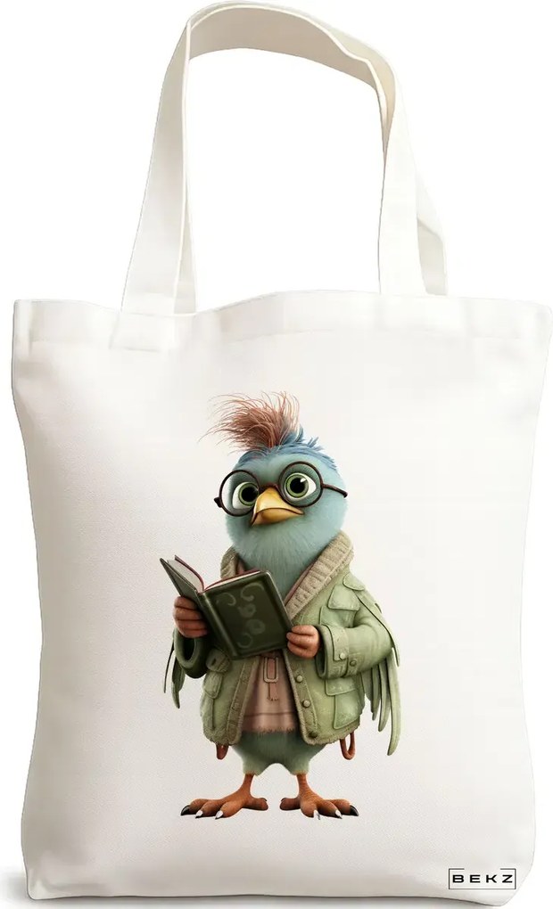 Sacosa de Panza pentru Cumparaturi, Geanta Tote, model Reading Birdie 2 38 x 34.5 cm, Alba, BEKZ®